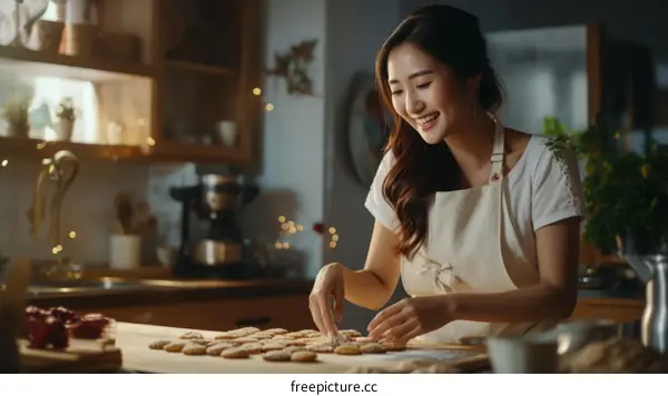 Asian woman baking cookies in the kitchen