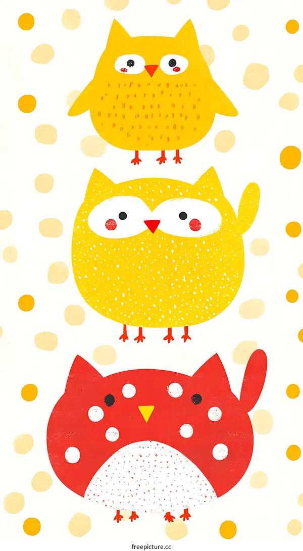 Cute Yellow Owls with Red Polka Dots