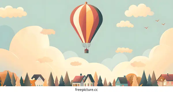 Hot Air Balloon Flying Over Town Landscape Illustration