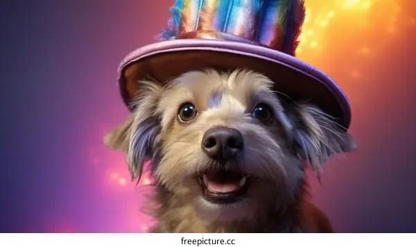 A cute dog wearing a colorful top hat