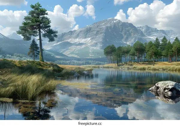 Serene Mountain Lake Enveloped by Verdant Trees and Shimmering Water