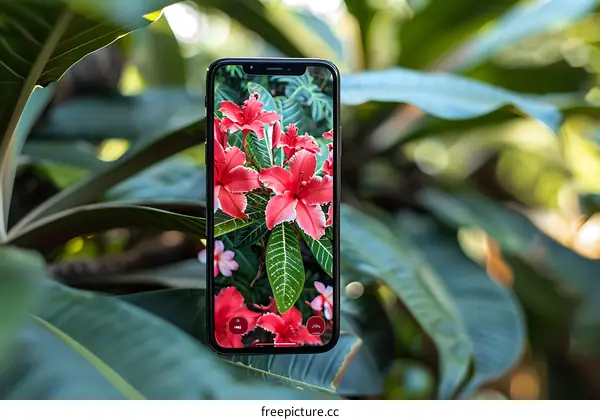 Phone on Green Leaves with Flower Background