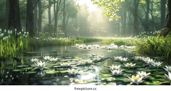 Mystical Forest Pond with Glowing White Water Lilies