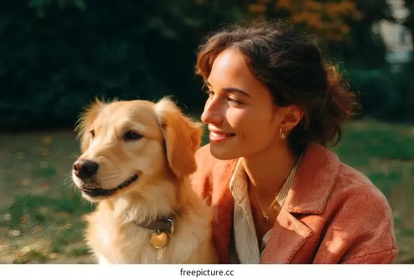 Woman and Golden Retriever Outdoors in Autumn