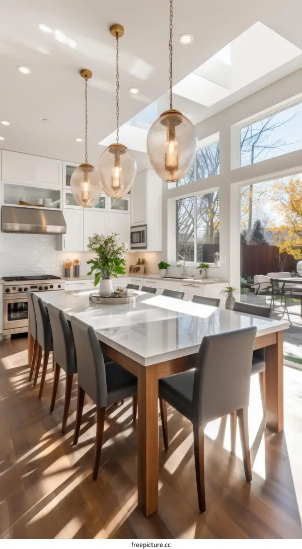 Large Open Kitchen With Dining Table and Large Windows