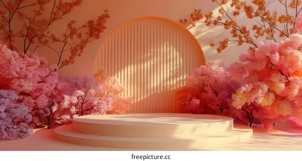 Japanese-style cherry blossom trees and round arch booth