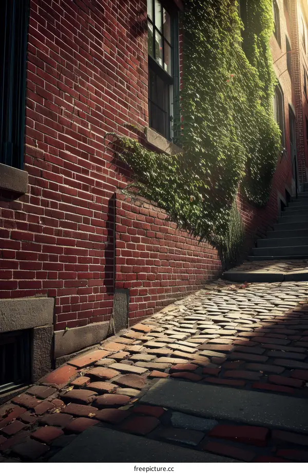 Charming cobblestone alley with brick buildings