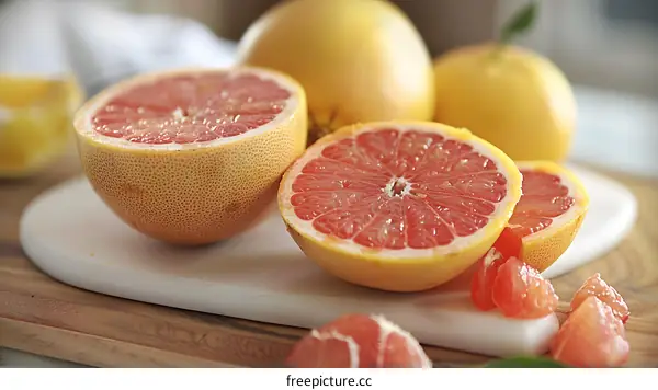 Freshly Cut Ripe Grapefruit on a White Cutting Board