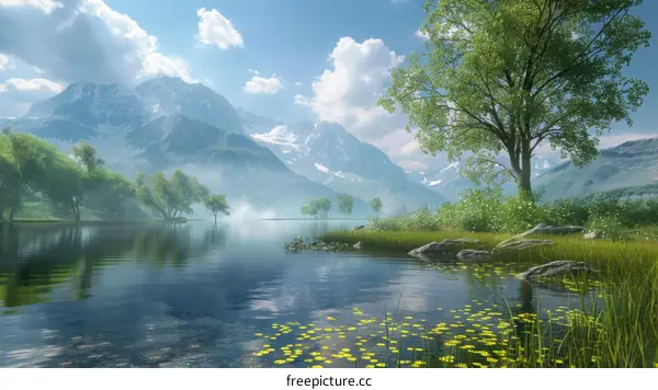 Tranquil Lake Surrounded by Mountains and Trees