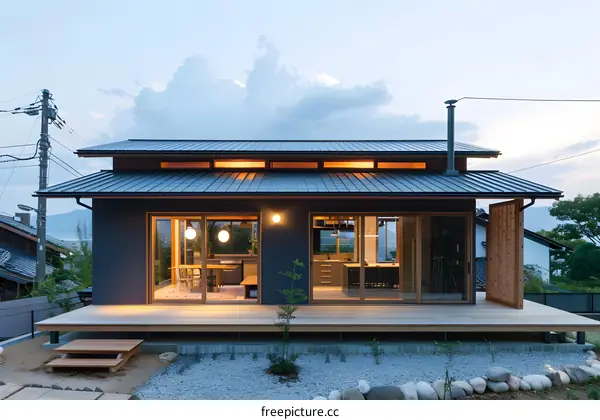 Modern Japanese House with Wooden Deck and Stone Garden