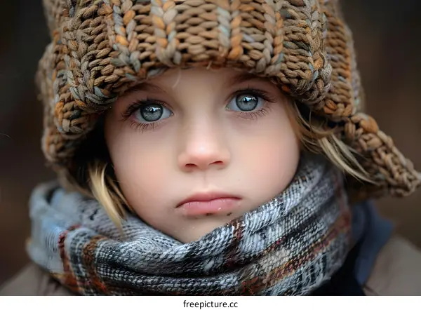 Portrait of a Little Girl Wearing a Knitted Hat and Scarf