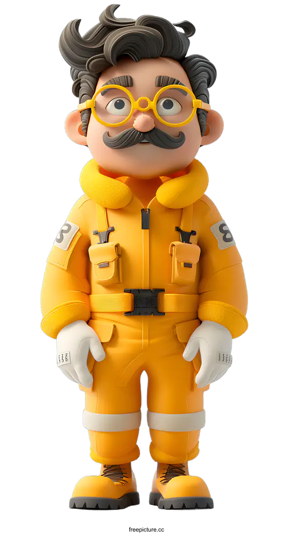 [Transparent Background PNG]3D cartoon character of a man wearing a yellow jumpsuit and brown boots