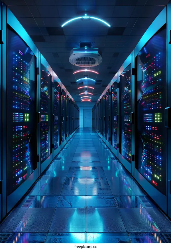 Server Room Data Center Hallway With Blue Neon Lights