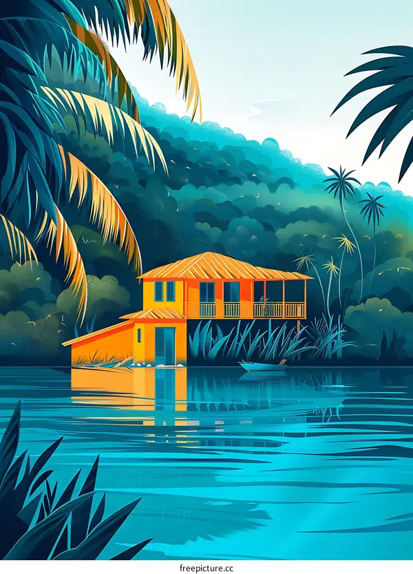 Tropical House with Palm Trees and River