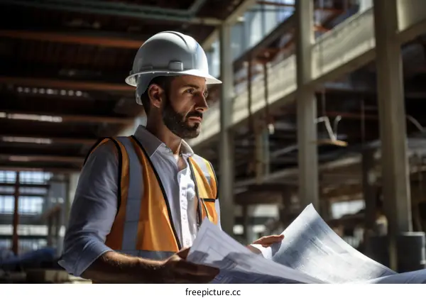 pensive male construction worker in hardhat looking at blueprints