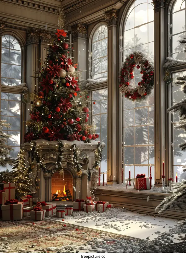 Christmas Tree in a Snowy Mansion