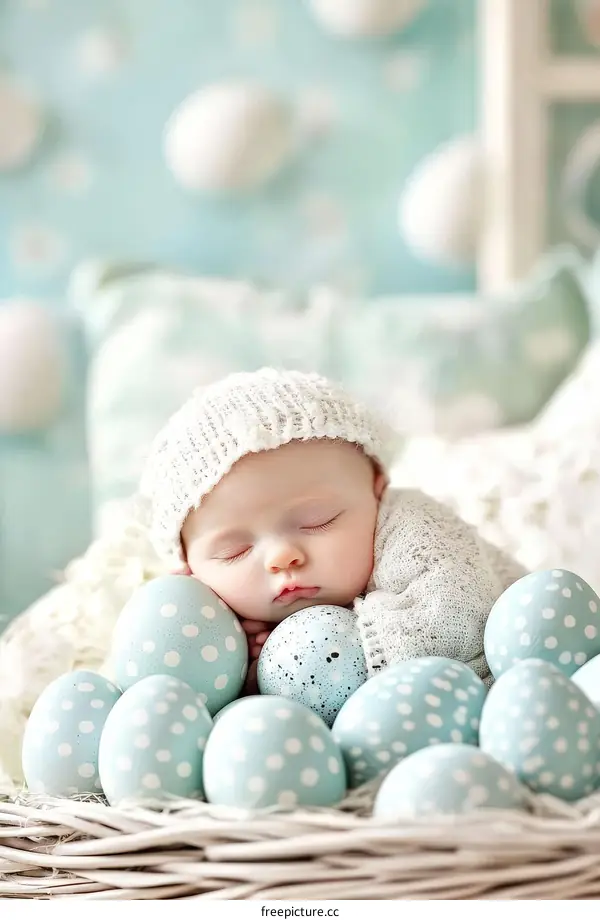 Peaceful Baby Sleeping in Easter Egg Basket