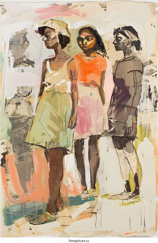 Three Women Standing Together in Abstract Style
