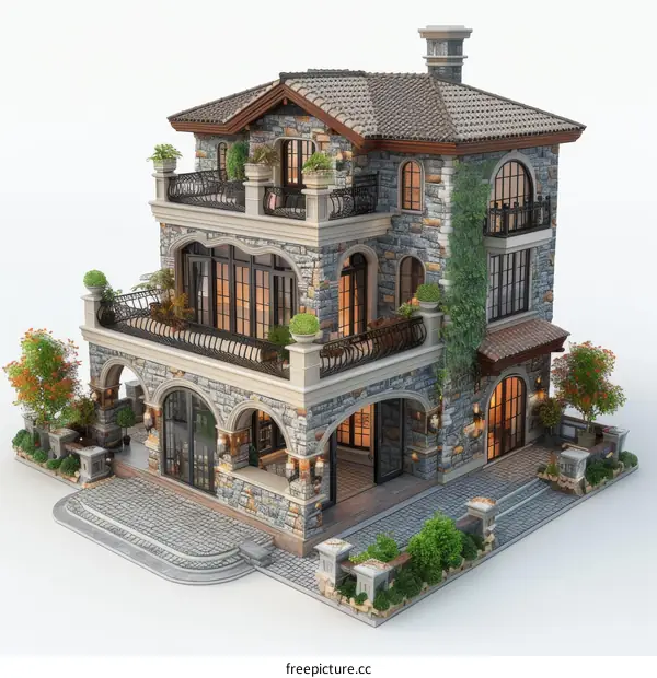 European-style three-story villa with stone walls and large windows