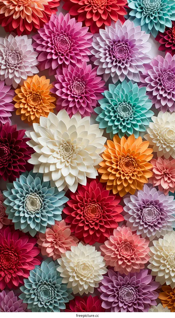 A variety of colorful dahlia flowers made of paper