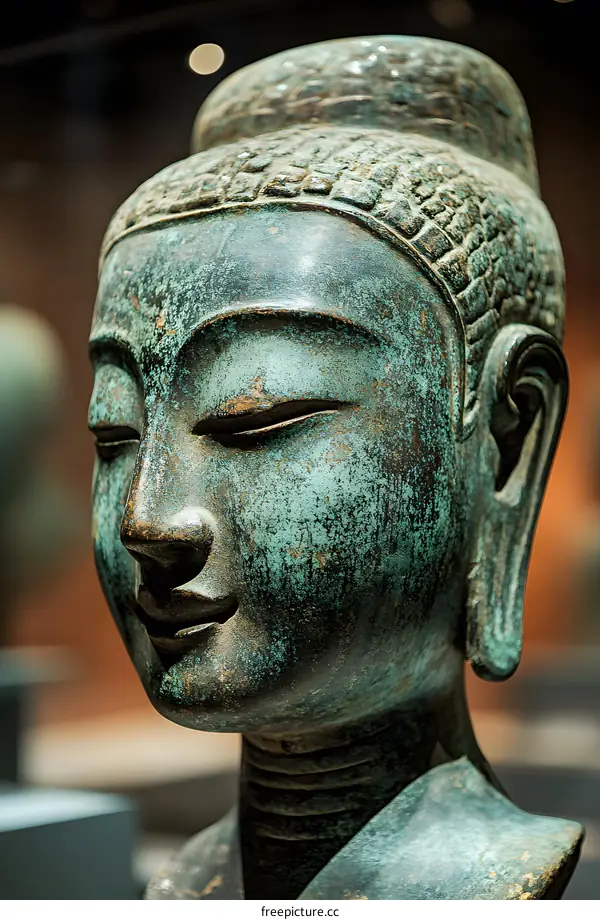 Close Up of a Buddha Statue with Green Patina