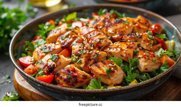 Grilled Chicken Breast Salad with Fresh Vegetables and Herbs