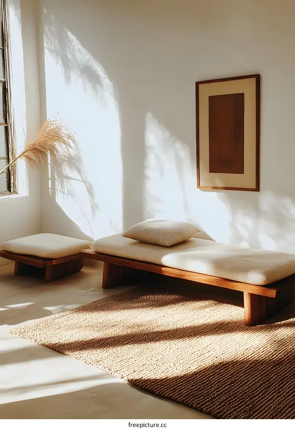 Minimalist Living Room with Wooden Bench, Cushions, and Rug