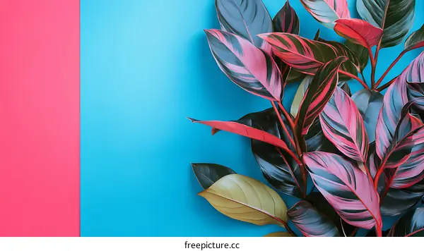 Colorful Tropical Leaves on Pink and Blue Background