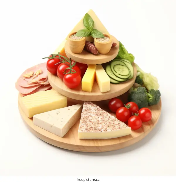 Cheese, Vegetable & Cracker Platter on a Three-Tiered Wooden Tray