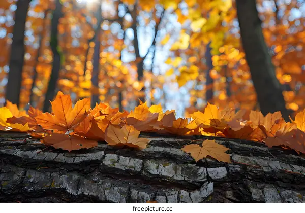 Fallen Autumn Leaves on Tree Trunk in Forest