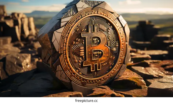 A large stone Bitcoin embedded in a rocky landscape