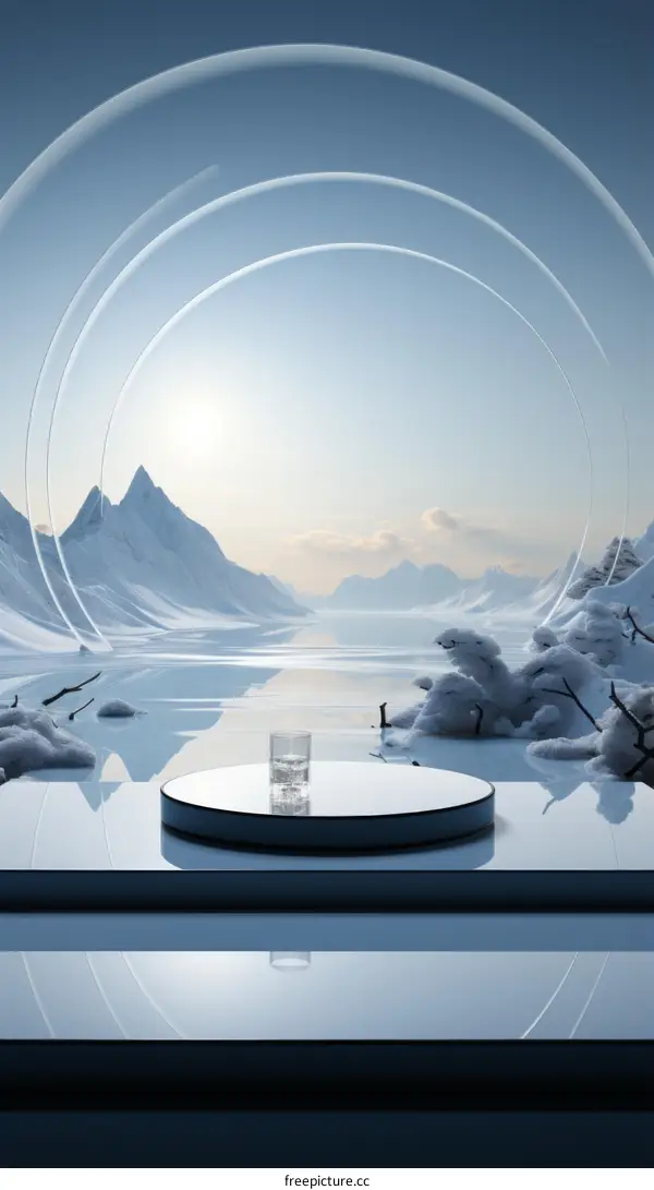 Glass of water on a platform in a snowy landscape