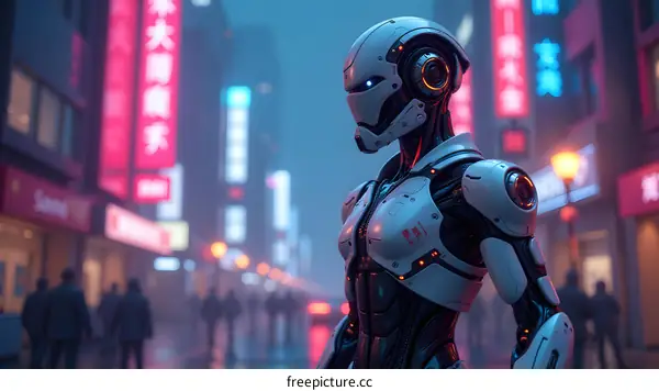 Futuristic Cyborg Robot Standing In Neon City