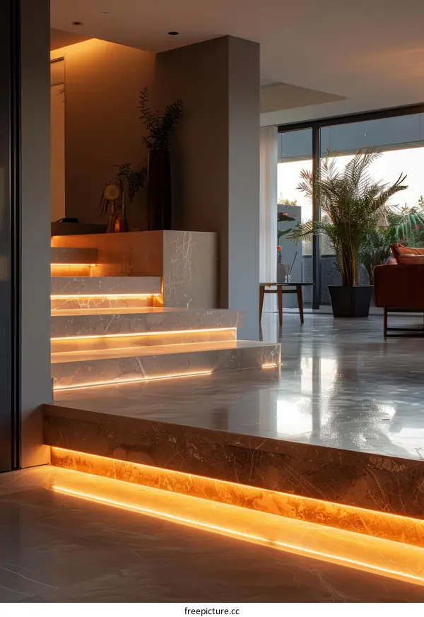 Modern minimalist marble staircase with warm lighting