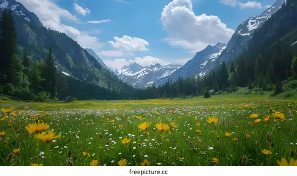 Alpine meadow in full bloom with snow capped mountains in the distance