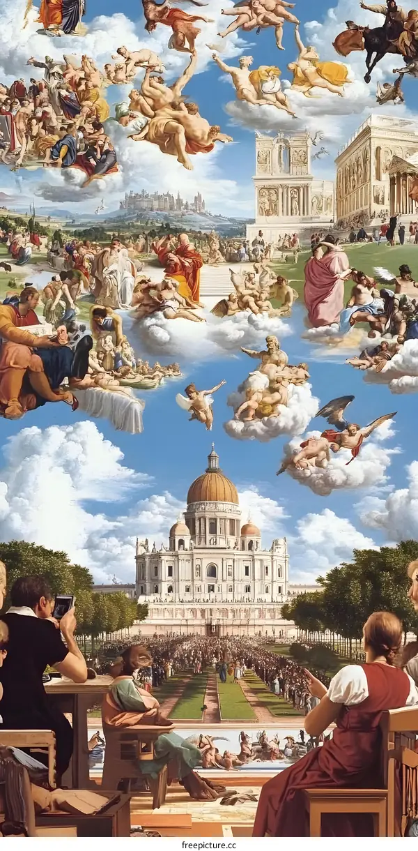 Renaissance Artwork with People Looking at a Scene in the Clouds