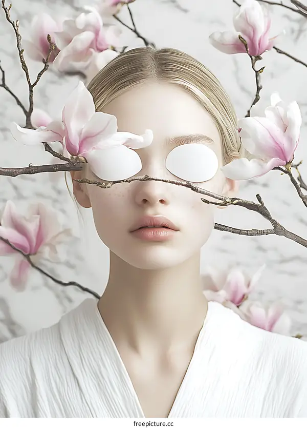 Woman With Eye Patches And Magnolia Flowers