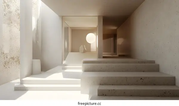 Modern Minimalist Interior Design With Concrete Stairs And White Walls