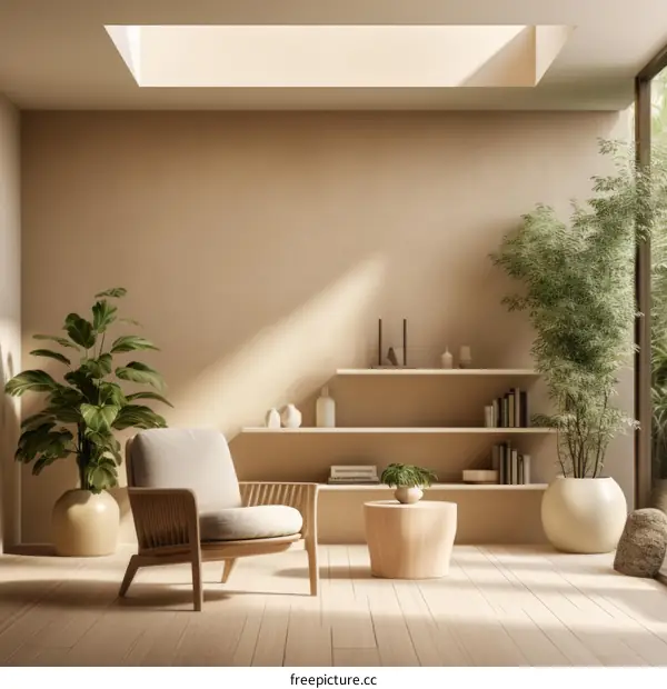 A modern living room with a large window and a comfortable chair