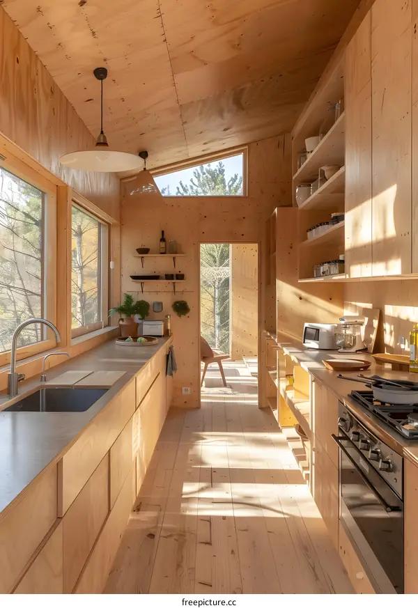 Modern Kitchen Interior Design with Wooden Walls and Floor