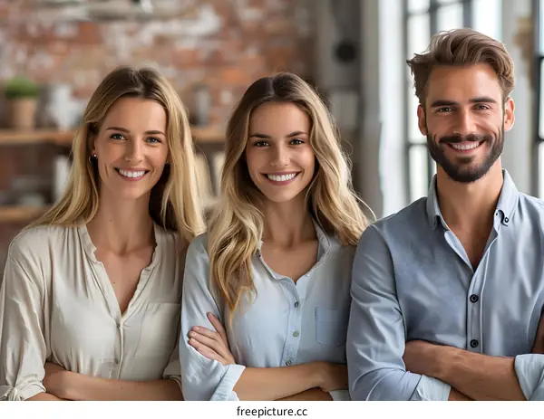 Three young professionals posing for a photo in an office