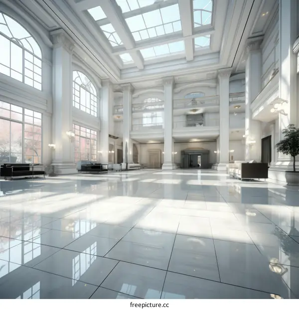 A large bright white hall with marble floors and large windows