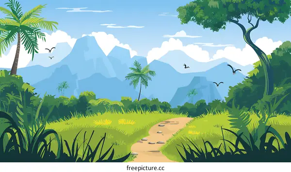 Jungle Landscape with Winding Path and Mountain Range