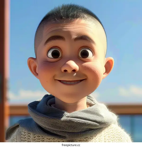 3D rendering of a young boy with short hair and big eyes wearing a scarf