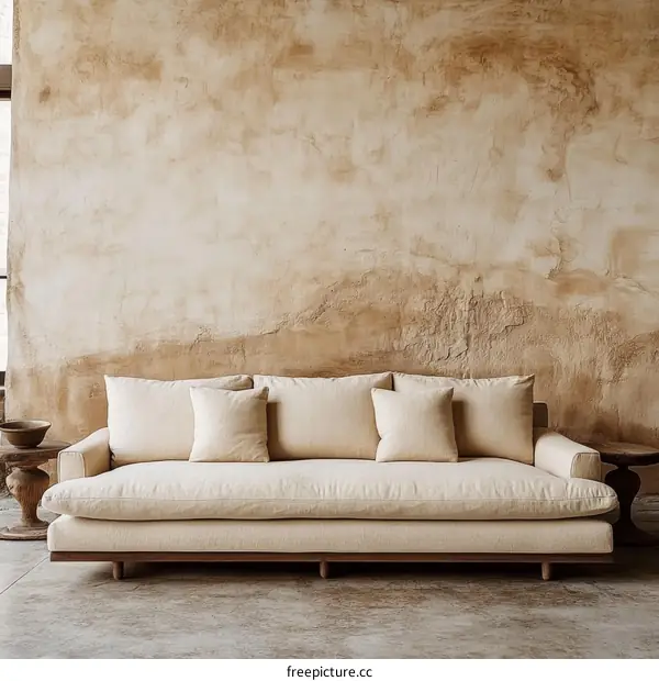 Beige Linen Sofa Against a Textured Wall