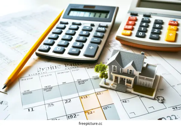 A house, a calculator, and a pencil on a desk