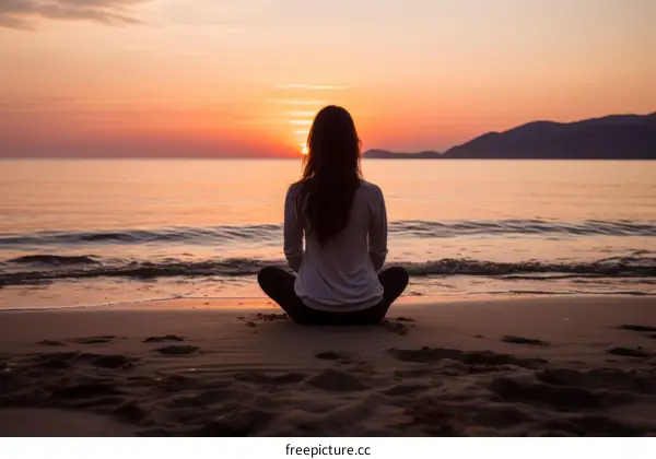 Young woman watching the sunset over the ocean