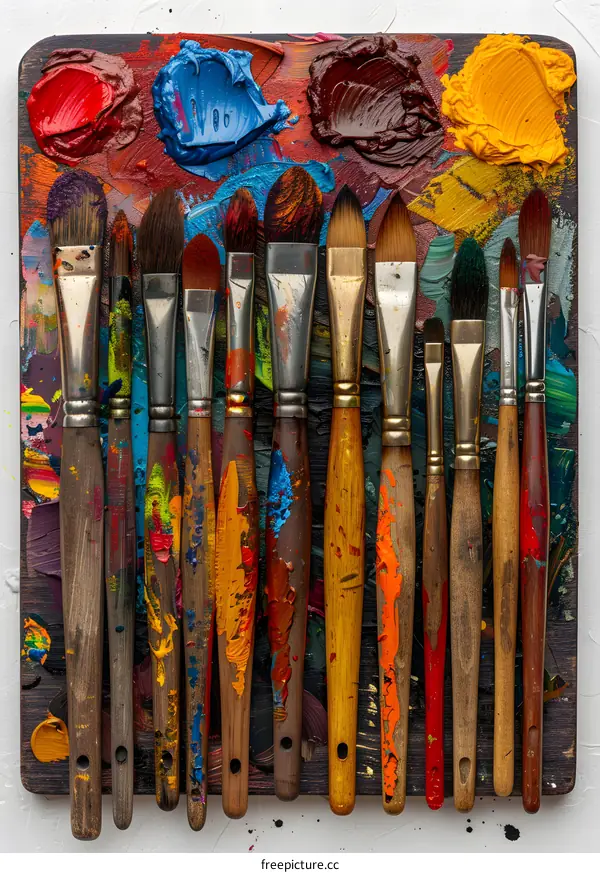 colorful paintbrushes on a wooden palette