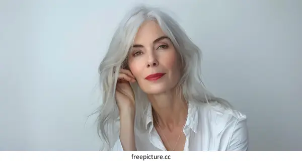 portrait of a beautiful woman with white hair and red lipstick