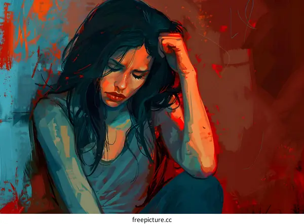 A woman with long black hair is sitting on the ground with her head in her hands. She is wearing a blue tank top and jeans. The background is a dark red. The painting is in a realistic style.